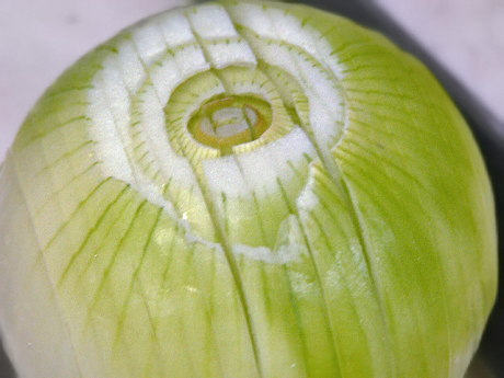 丸のままの玉ねぎを、切り切らないよう(半分位まで)に切り込みを入れます。